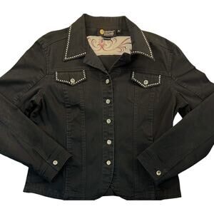 Christine Alexander Black Studded Denim Jacket Skull Embroidered XL